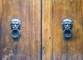 Lion head knockers on an old wooden door.